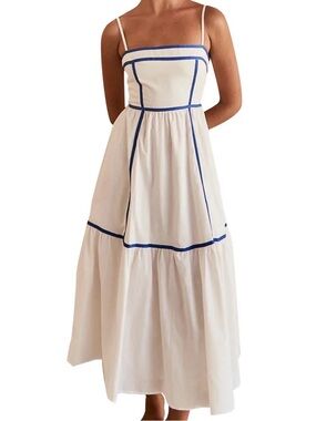 White Maxi Dress with Blue Piping Spaghetti Straps